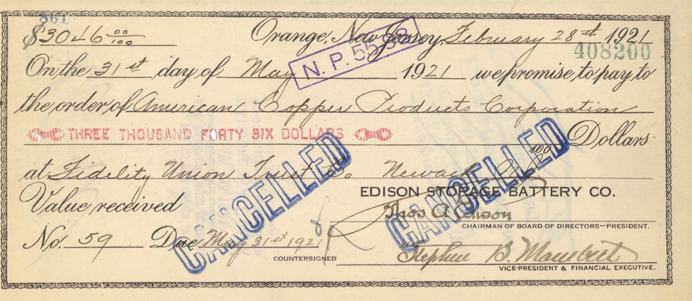 Thomas Edison Signed 1921 Edison Storage Battery Co. $3046 Check! (Beckett/BAS)