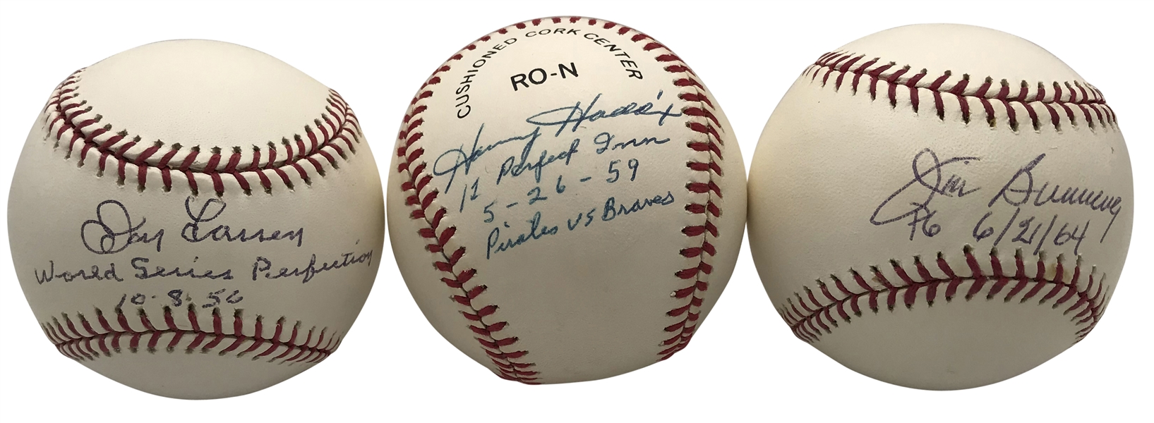 1950s/60s "Perfect" Game Pitchers Lot of Three (3) Signed & Inscribed Baseballs w/ Larsen, Haddix & Bunning (Beckett/BAS Guaranteed)