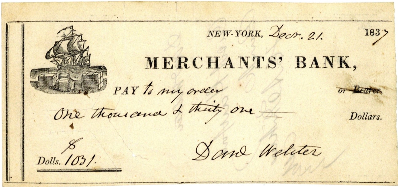 Daniel Webster Near-Mint Signed & Hand Written Bank Check (Beckett/BAS)