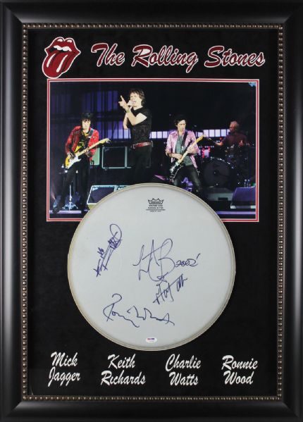 The Rolling Stones Group Signed Remo Pro Model Drumhead in Custom Framed Display (PSA/DNA)