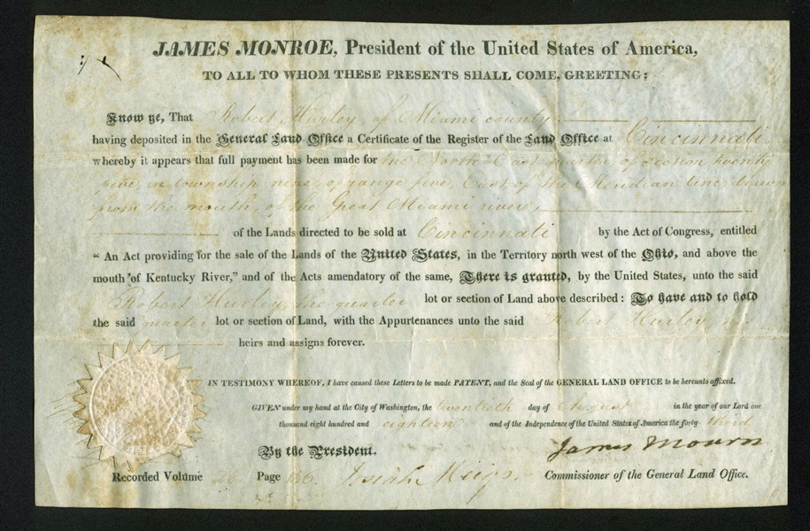 James Monroe Signed 1818 Presidential Land Grant (BAS/Beckett)