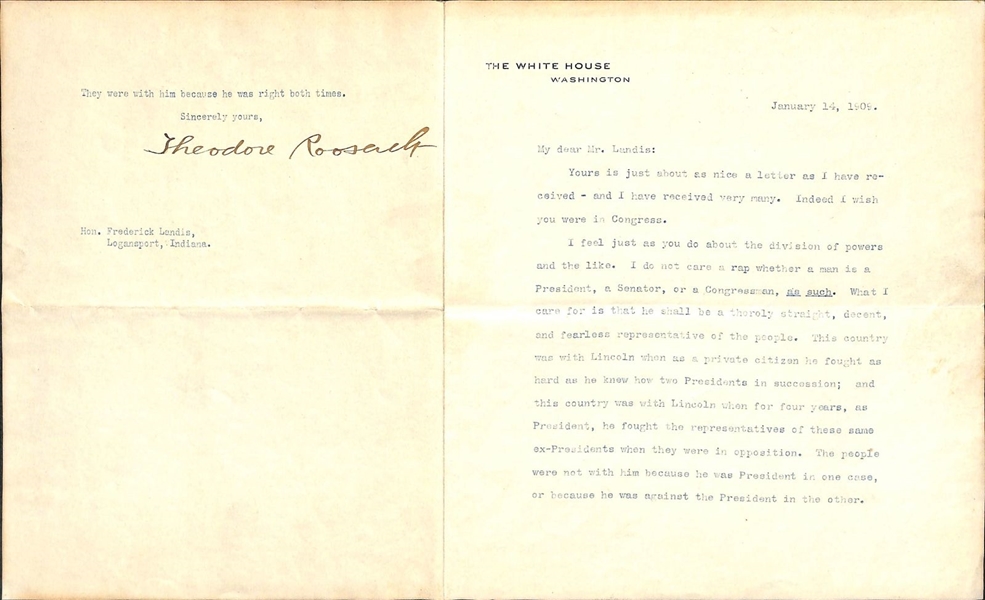 President Theodore Roosevelt Signed 1909 White House Letter w/ Abraham Lincoln Reference (PSA/DNA)
