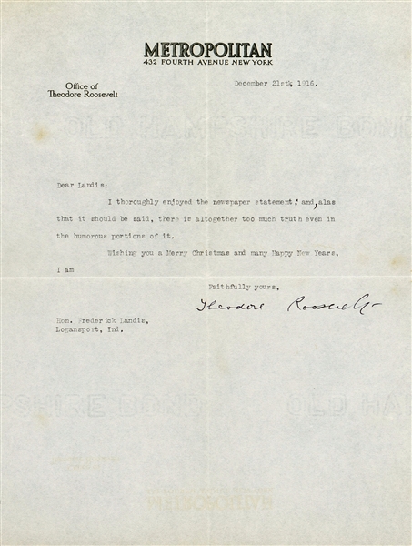 President Theodore Roosevelt Near-Mint Signed 1916 Typed Christmas Letter! (Beckett/BAS)