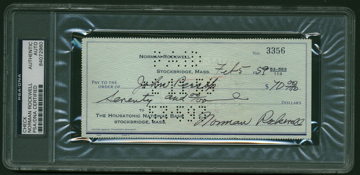 Norman Rockwell Signed 1959 Bank Check (PSA/DNA Encapsulated)