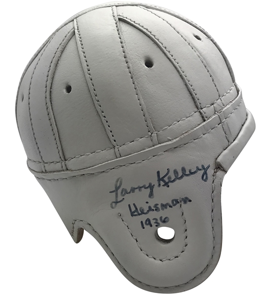 Larry Kelley Signed Mini Vintage Style Leather Helmet w/ Heisman Inscription! (Beckett/BAS)