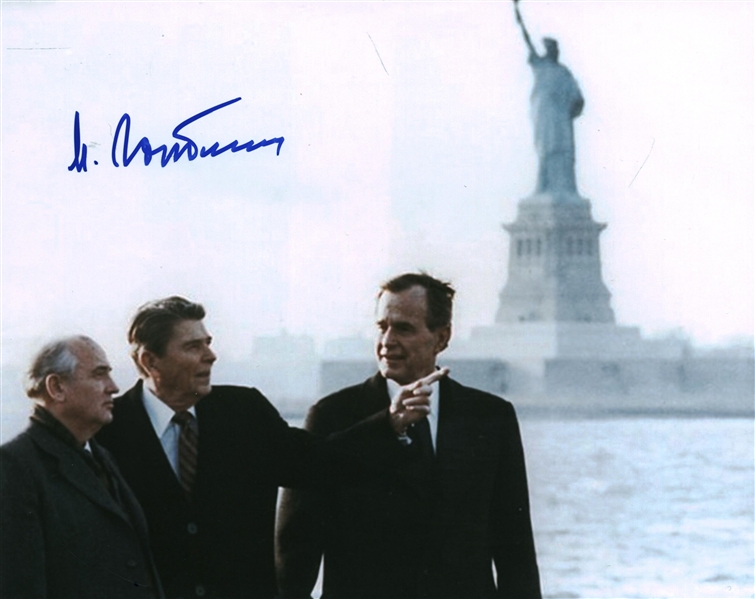 Mikhail Gorbachev Signed 8" x 10" Photograph w/ Ronald Reagan & George H.W. Bush! (Beckett/BAS Guaranteed)