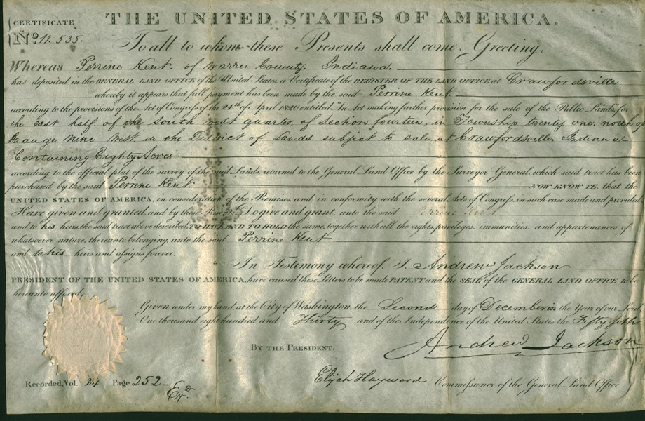 Andrew Jackson Signed 1830 Indiana Land Grant (Beckett/BAS Guaranteed)