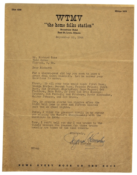 Rogers Hornsby Typed & Signed 1944 Letter w/ Excellent Baseball Content (Beckett/BAS)