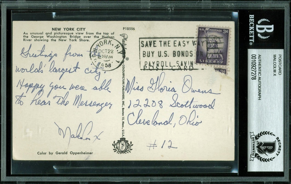 Malcolm X RARE Handwritten & Signed 1958 Postcard (Beckett/BAS Encapsulated)