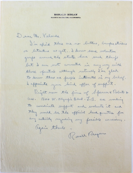 Ronald Reagan ULTRA-RARE Handwritten & Signed Letter Re: Potential Governor Candidacy c. 1965 (Beckett/BAS)