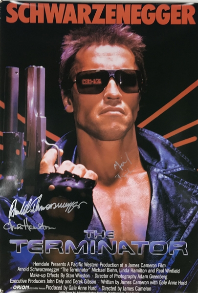 Terminator: Arnold Schwarzenegger, Linda Hamilton & Michael Biehn Signed 24" x 32" Movie Poster (Beckett/BAS)
