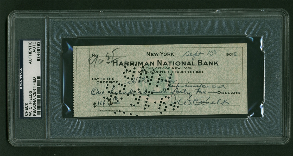 W.C. Fields Near-Mint Signed & Handwritten 1925 Personal Bank Check (PSA/DNA Encapsulated)