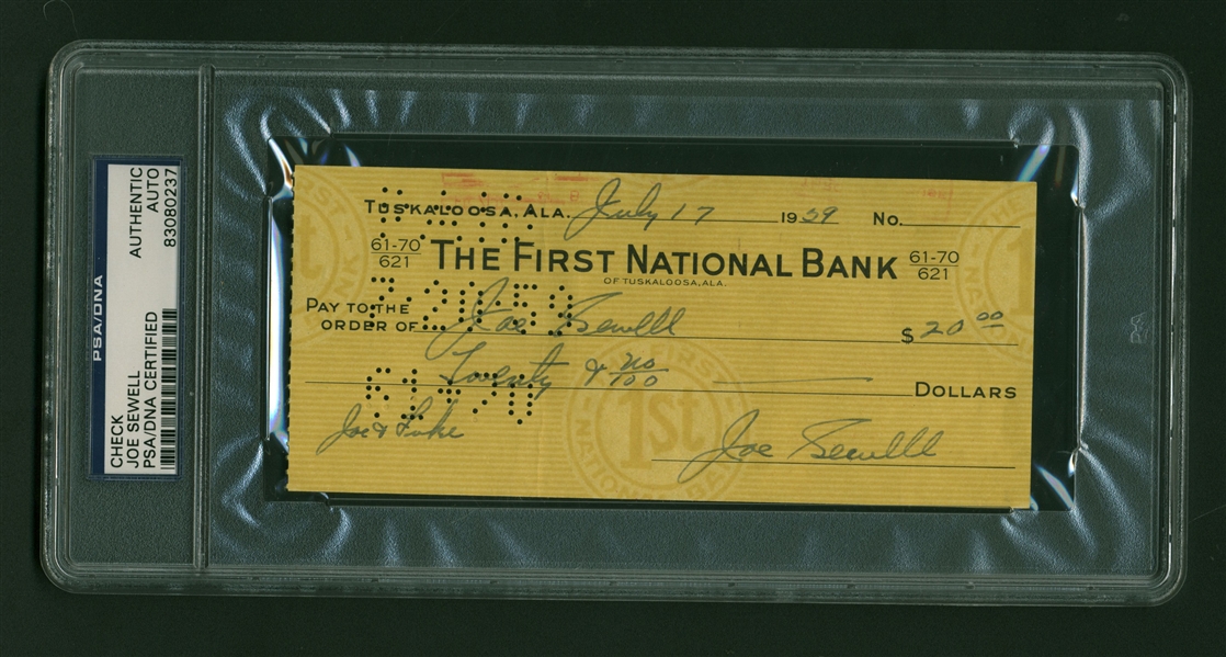 Joe Sewell Near-Mint Signed & Handwritten 1939 Personal Bank Check (PSA/DNA Encapsulated)
