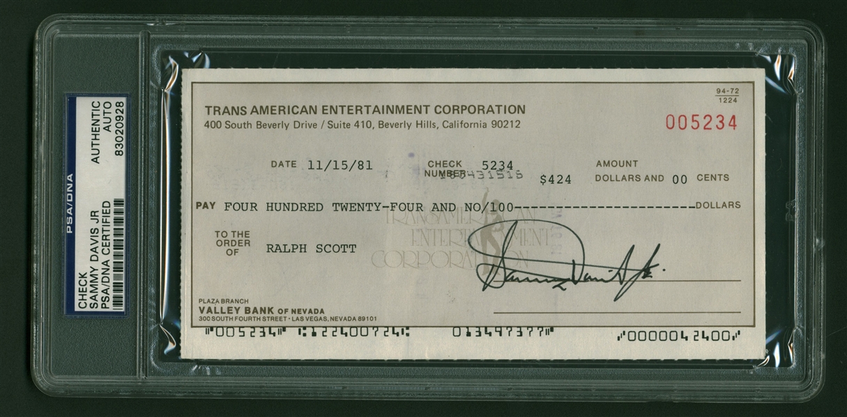 Sammy Davis Jr. Near-Mint Signed 1981 Personal Bank Check (PSA/DNA Encapsulated)