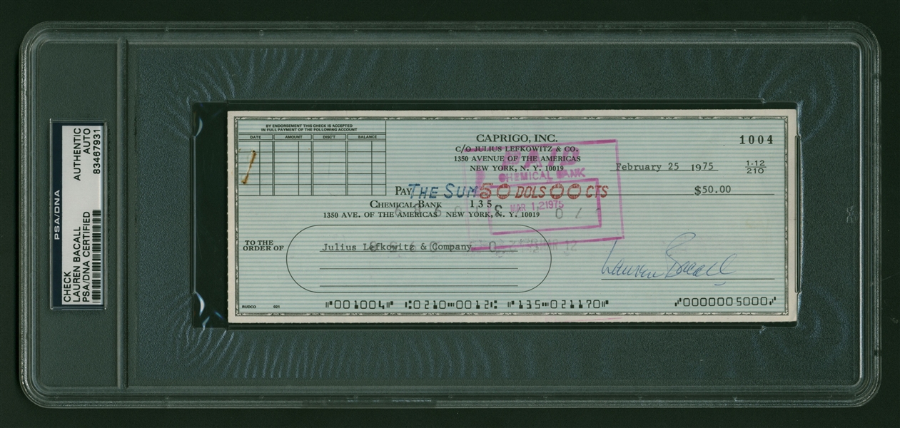 Lauren Bacall Signed 1975 Personal Bank Check (PSA/DNA Encapsulated)