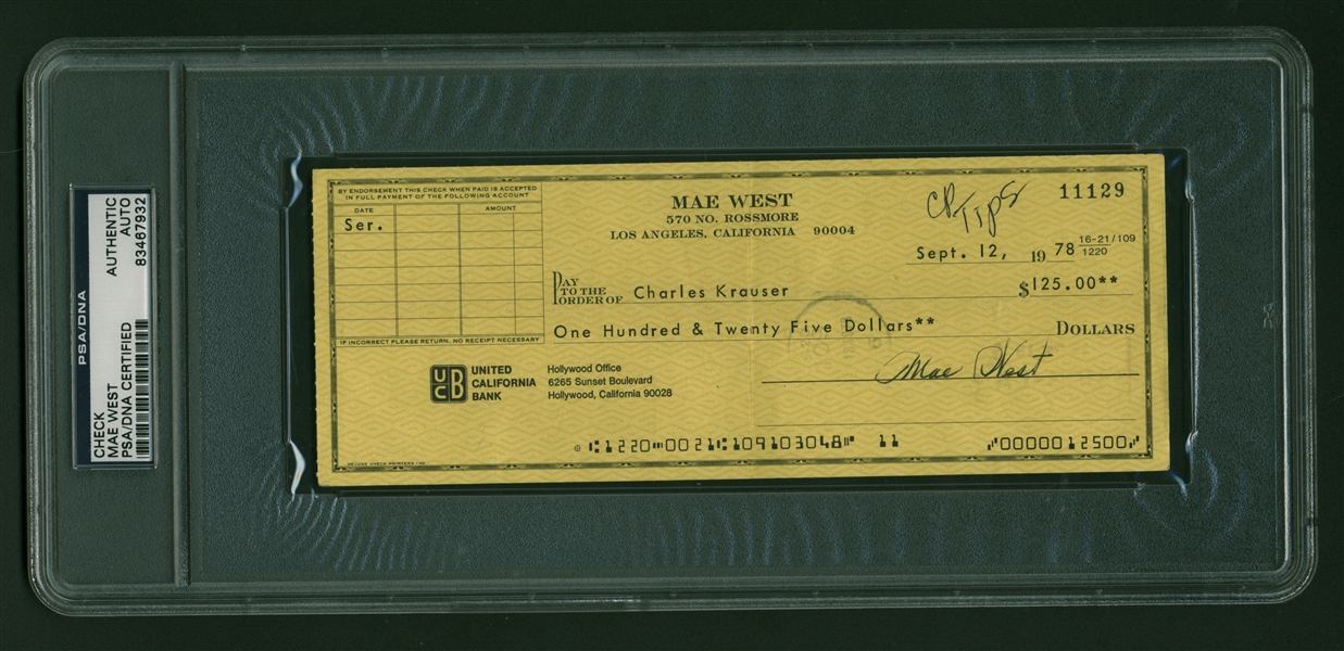 Mae West Near-Mint Signed 1978 Personal Bank Check (PSA/DNA Encapsulated)