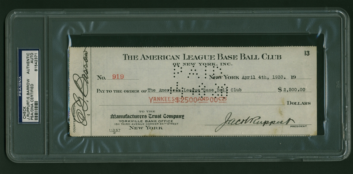 Yankees Brass: Lot of Two (2) Signed Checks w/ Barrow & Ruppurt! (PSA/DNA Encapsulated)