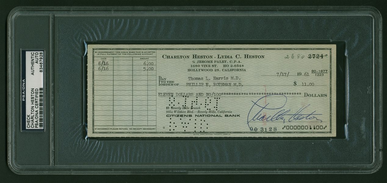 Charlton Heston Signed 1961 Personal Bank Check (PSA/DNA Encapsulated)