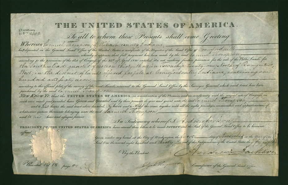 Andrew Jackson Signed Presidential 1830 Land Grant (Beckett/BAS Guaranteed)
