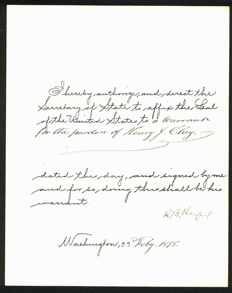 Rutherford B. Hayes Signed 1878 Presidential Pardon (JSA)