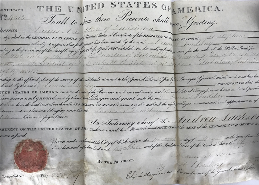 President Andrew Jackson Signed 1833 Land Grant Document (Beckett/BAS)