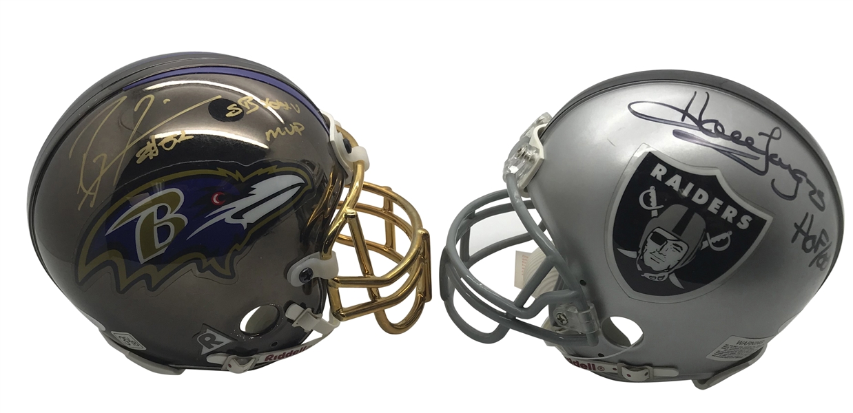 NFL Defense Legends: Ray Lewis & Howie Long Lot of Two (2) Single Signed Mini Helmets (JSA)