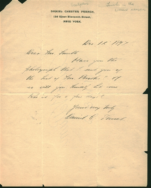 Daniel Chester French Signed & Handwritten 1897 Letter (Beckett/BAS Guaranteed)