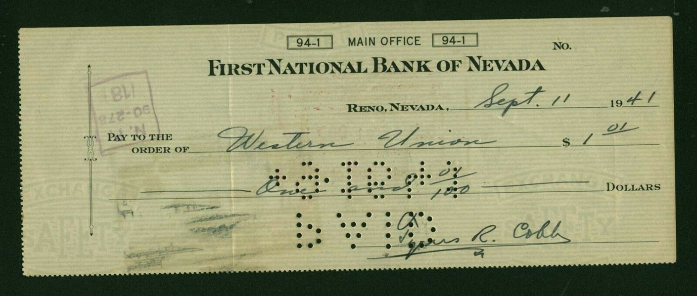 Ty Cobb Signed 1941 Personal Bank Check (Beckett/BAS)