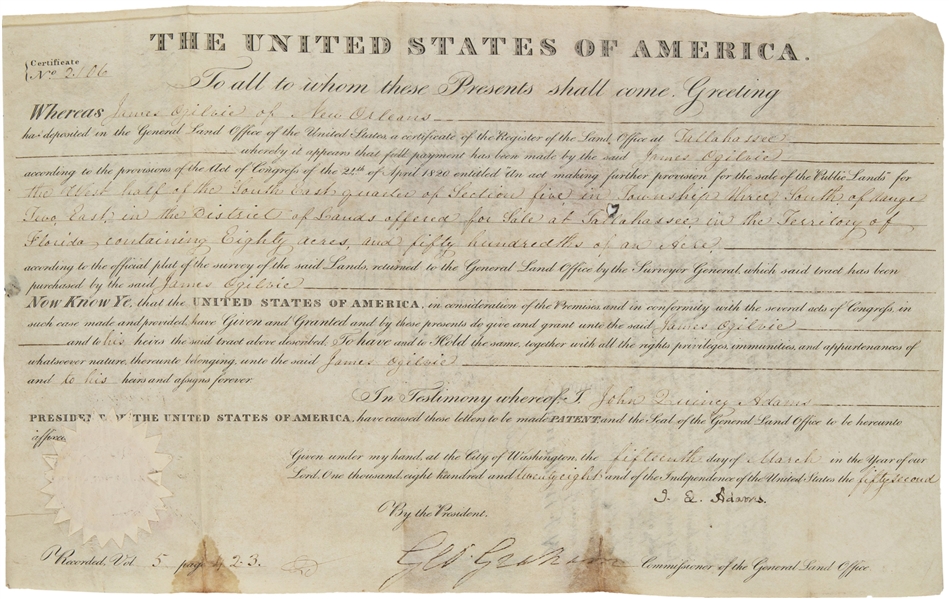 President John Quincy Adams Signed Land Grant Document (Beckett/BAS)
