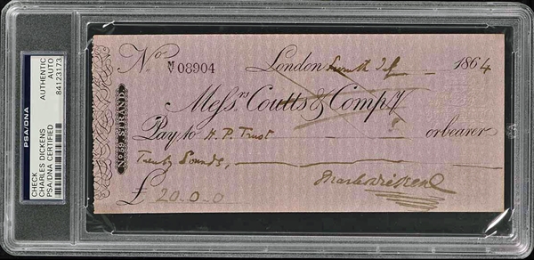 Charles Dickens Signed 1864 Personal Bank Check (PSA/DNA Encapsulated)