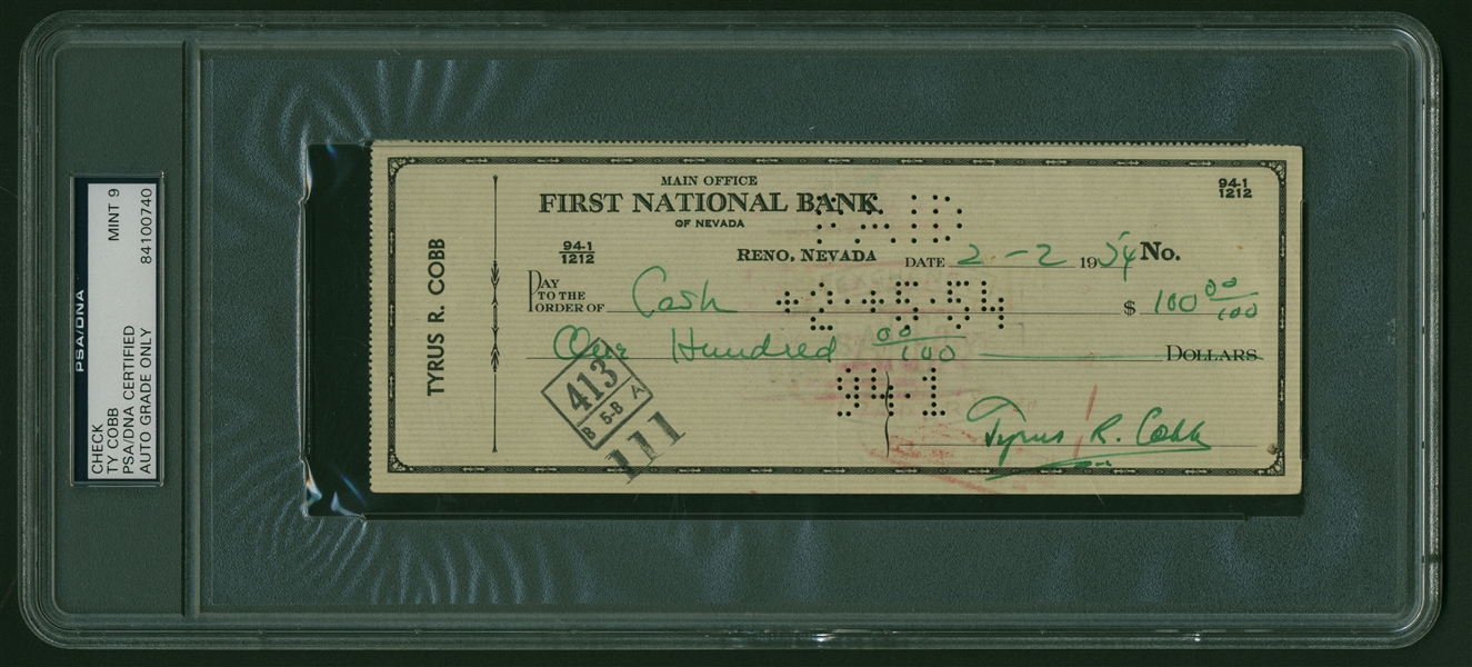 Ty Cobb Signed 1954 Personal Bank Check (PSA/DNA MINT 9!)