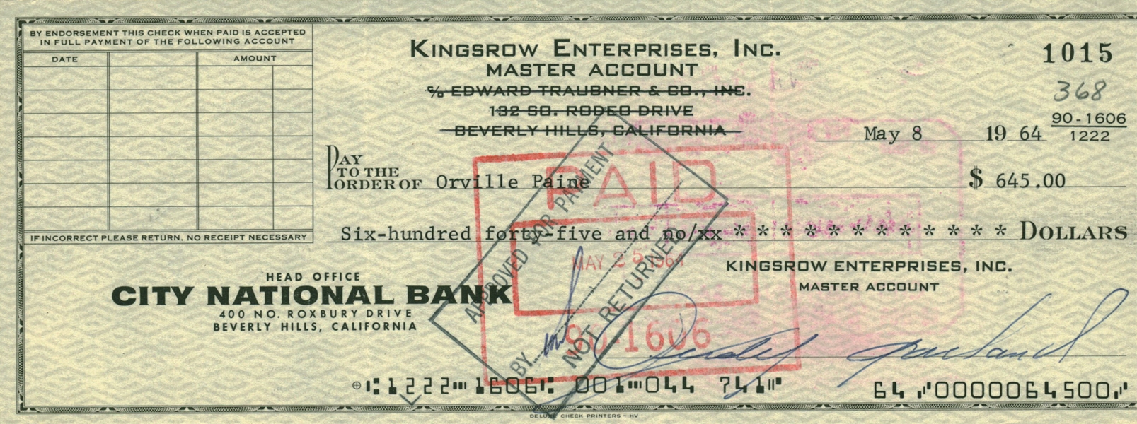 Judy Garland Signed 1964 Personal Bank Check (Beckett/BAS)