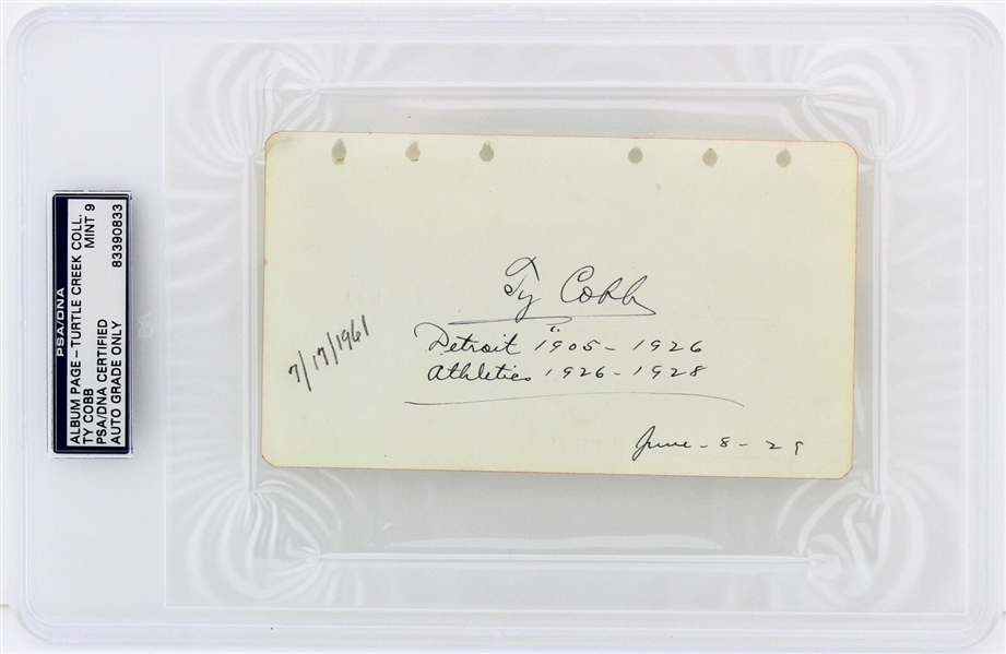 Ty Cobb Beautifully Signed & Stat Inscribed 4" x 6" Album Page c. 1929 (PSA/DNA Graded MINT 9)
