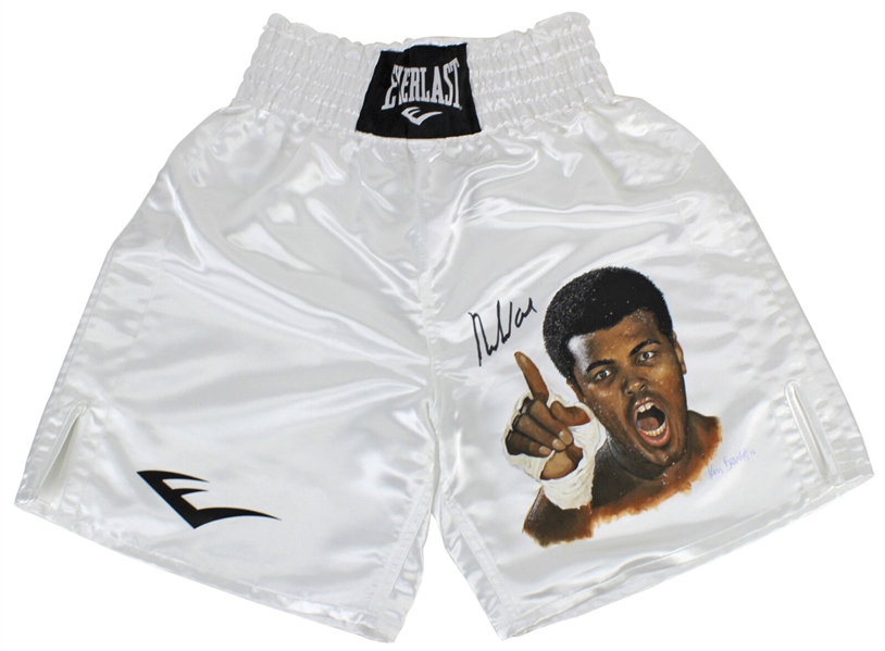 Muhammad Ali Signed White Everlast Boxing Trunks w/ Custom Hand-Painted Artwork (JSA)