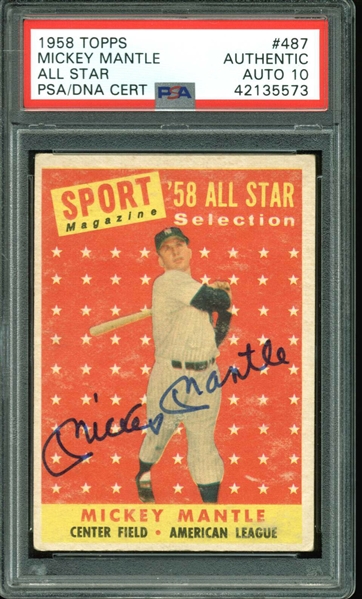 Mickey Mantle Signed 1958 Topps #487 Card (PSA/DNA Graded GEM MINT 10)