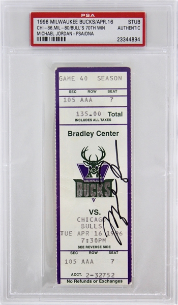 Michael Jordan Signed 1996 Ticket Stub for Record Breaking 70th Win Game (PSA/DNA Encapsulated & UDA)