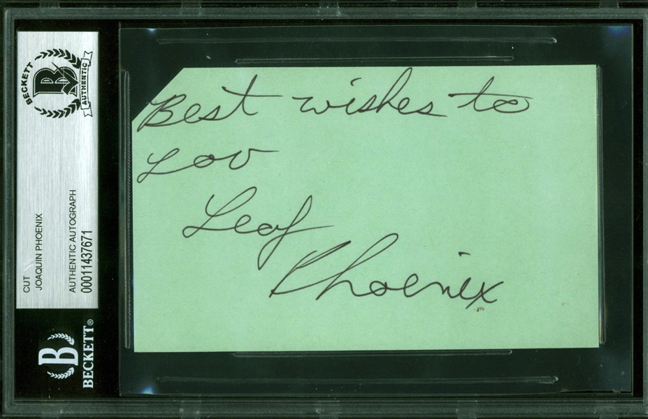 Joaquin Phoenix Signed 3" x 5" Index Card w/ Rare "Leaf Phoenix" Autograph (Beckett/BAS Encapsulated)