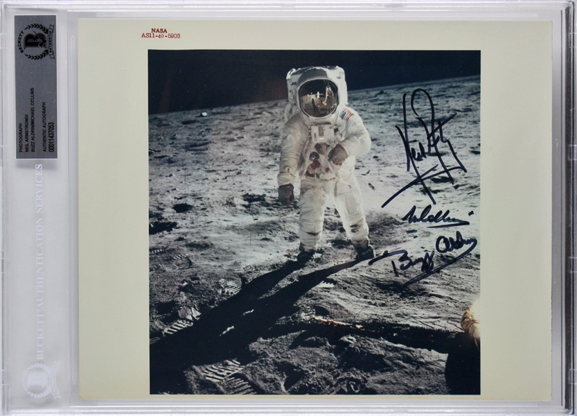 Apollo 11 Amazing Crew Signed Official Color NASA Photograph on the Moon w/ Armstrong, Aldrin & Collins (RARE Red Label NASA Print)(Beckett/BAS Encapsulated)