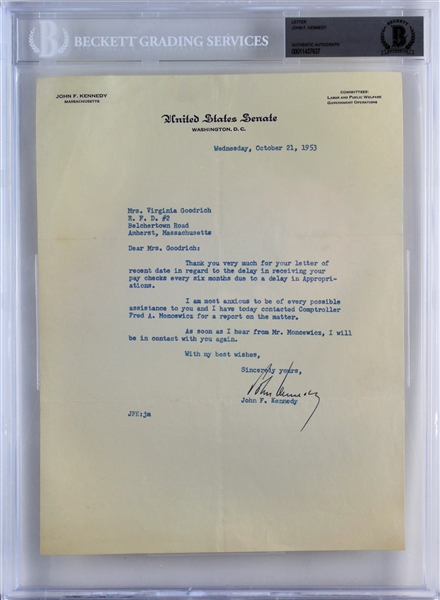President John F. Kennedy Signed 1953 U.S. Senate Letter (Beckett/BAS Encapsulated)