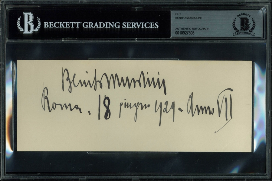 Benito Mussolini Signed 1929 3" x 8" Card w/ Rare Full Name Autograph (Beckett/BAS Encapsulated)