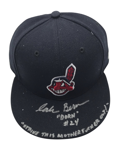 Corbin Benson Signed Indians Hat w/ "Strike This Mother Fu**er Out" Inscription! (PSA/DNA)