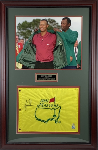 Tiger Woods Signed 2001 Masters Flag in Custom Framed Display (JSA Auction LOA)