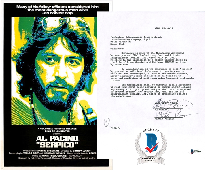 Al Pacino & Martin Bregman Dual Signed 1972 Serpico Related Contract (Beckett/BAS)