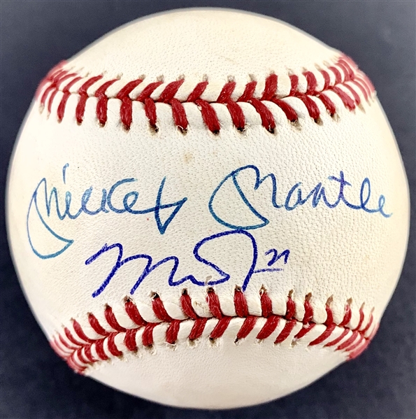 Legends of the Diamond: Mickey Mantle & Mike Trout RARE Dual-Signed OAL Baseball (Beckett/BAS & MLB)