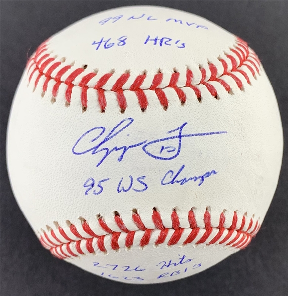 Chipper Jones Single Signed OML Baseball with 5 Handwritten Career Stats! (JSA)