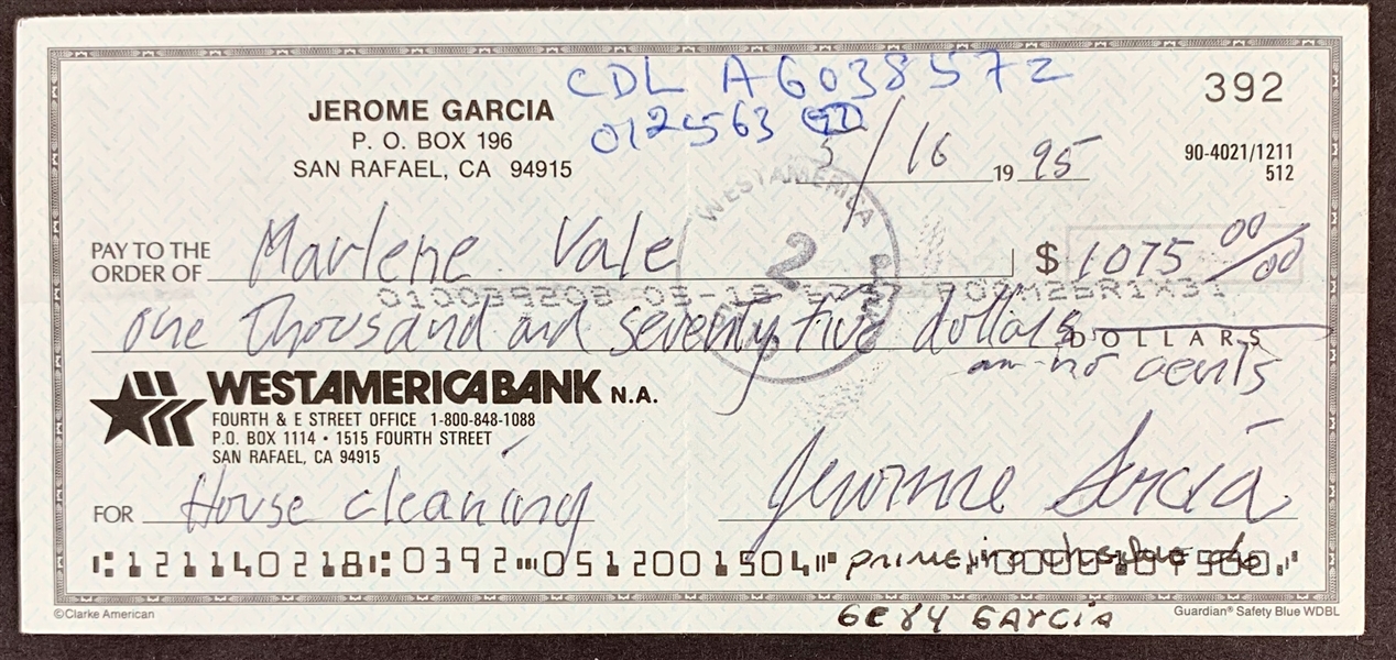 Jerry Garcia Handwritten & Signed Personal Check with Rare "Jerome Garcia" Signature (Beckett/BAS)