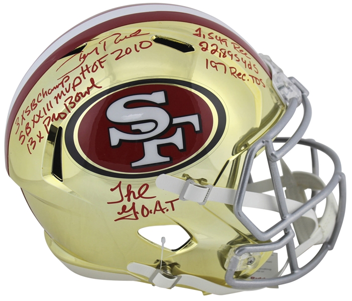 Jerry Rice Impressive Signed 49ers Full Sized Chrome Helmet w/ 8 Handwritten Career Stats! (Beckett/BAS)