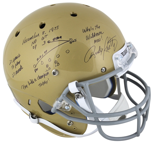 Rudy Ruettiger Signed Notre Dame Full-Sized Replica Helmet w/ Hand Drawn Play (Beckett/BAS)