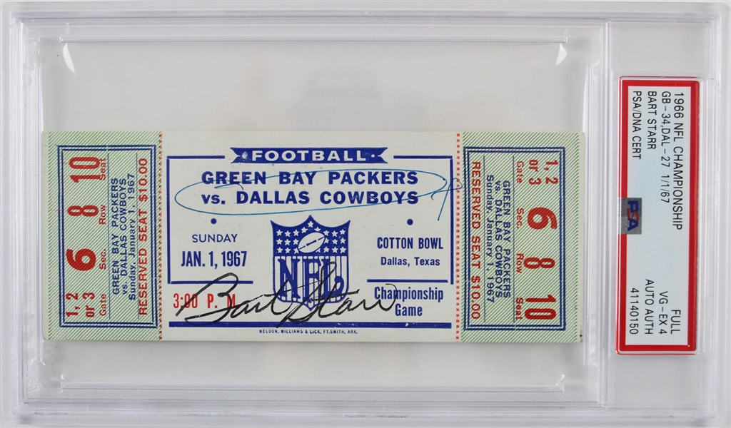 Bart Starr Signed 1967 NFL Championship Ticket vs. Dallas Cowboys (PSA Graded VG-EX 4)