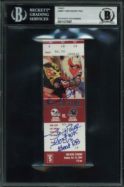 GOAT vs. GOAT: Emmitt Smith & Jerry Rice Dual-Signed 2004 Game Ticket - Cardinals vs. Seahawks (Beckett/BAS Encapsulated)
